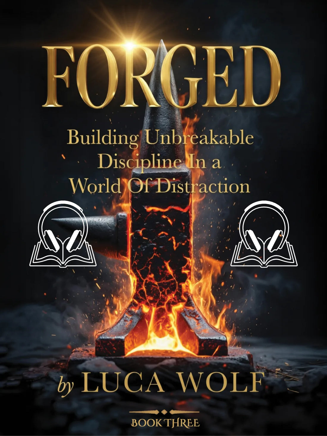 Self-improvement audiobook FORGED by Luca Wolf, fiery anvil cover with headphones, building unbreakable discipline and mental toughness