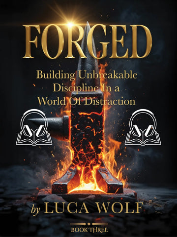 Self-improvement audiobook FORGED by Luca Wolf, fiery anvil cover with headphones, building unbreakable discipline and mental toughness
