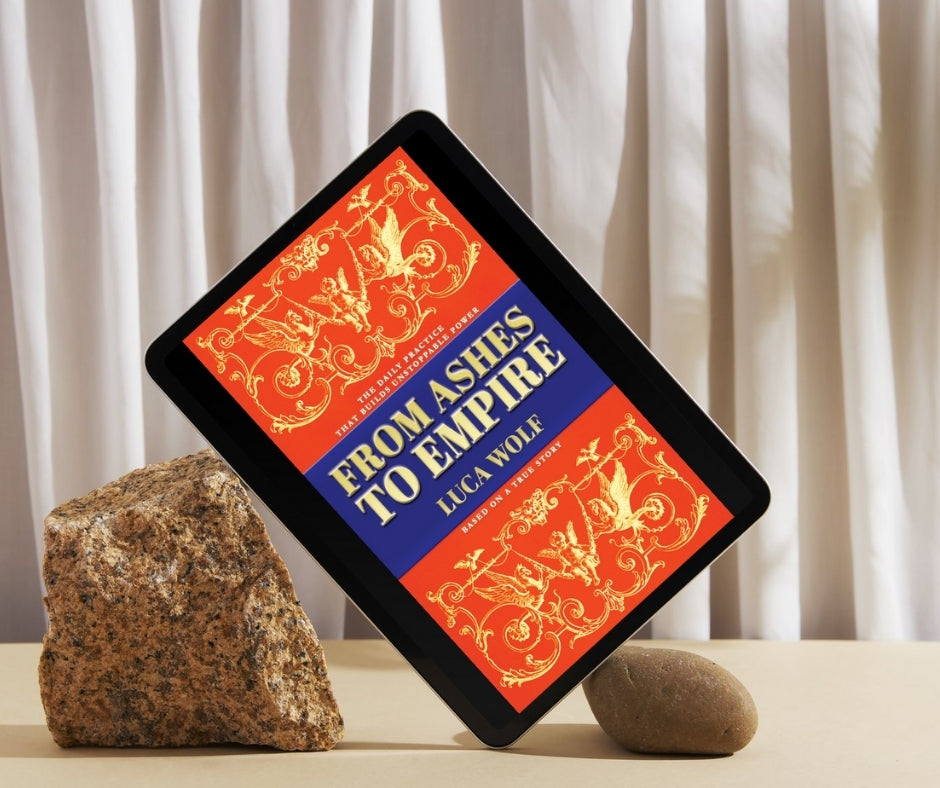 Self improvement ebook cover 'From Ashes to Empire' displayed on tablet, offering daily practices for transformation.