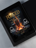 Self-improvement audiobook FORGED by Luca Wolf on tablet with headphones — discipline and mental toughness