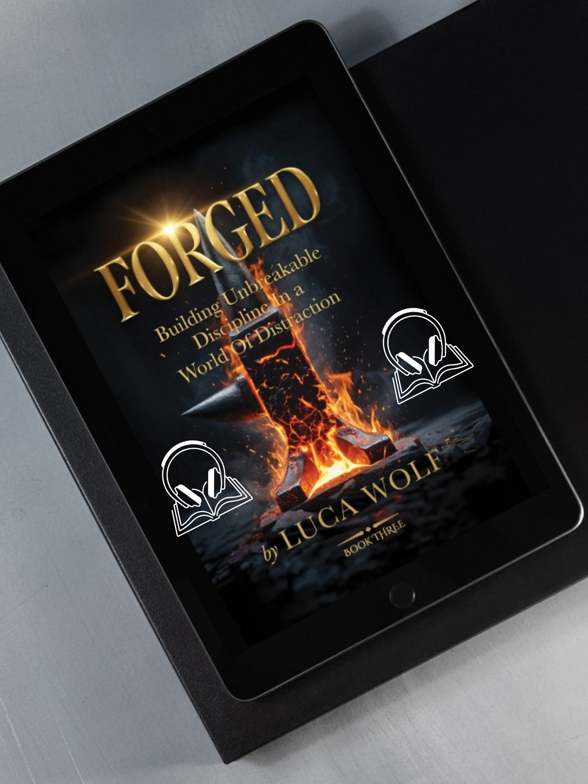 Self-improvement audiobook FORGED by Luca Wolf on tablet with headphones — discipline and mental toughness