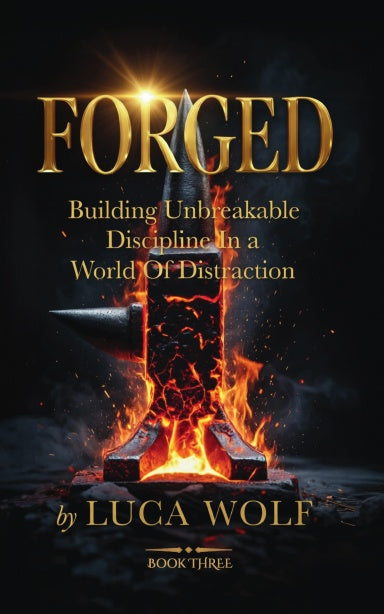 Discipline book FORGED by Luca Wolf, featuring a fiery anvil background and the title emphasizing unbreakable discipline.