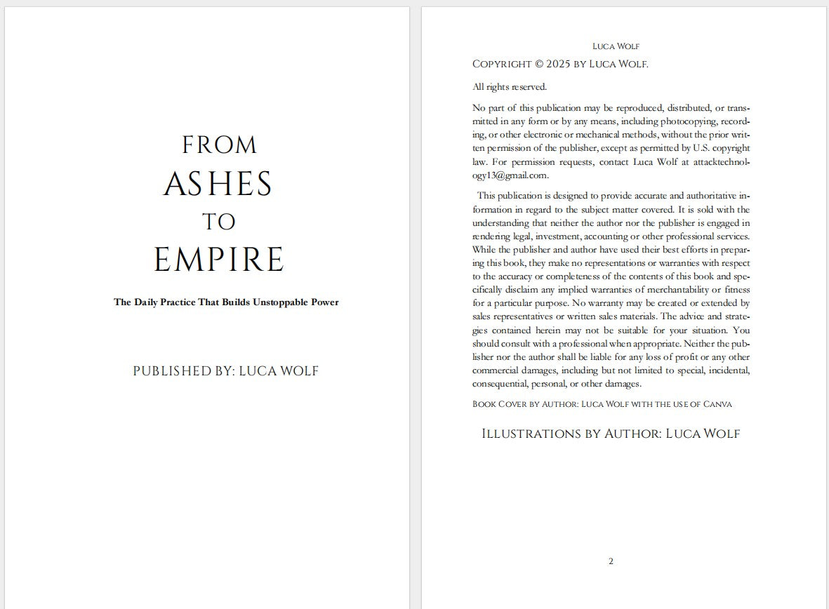Interior page of the Self Improvement Journal: From Ashes to Empire with author details.