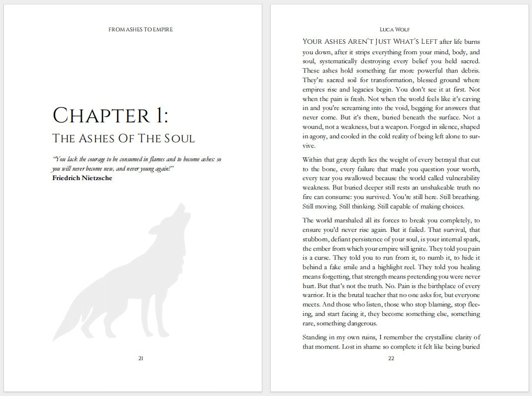 Self improvement journal interior page featuring Chapter 1: The Ashes of the Soul with wolf silhouette illustration.