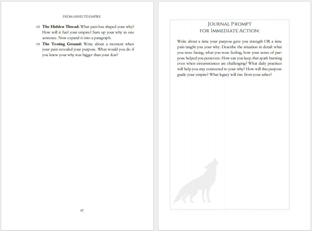 Self improvement journal page with prompts for reflection and transformation from the ashes to empire.