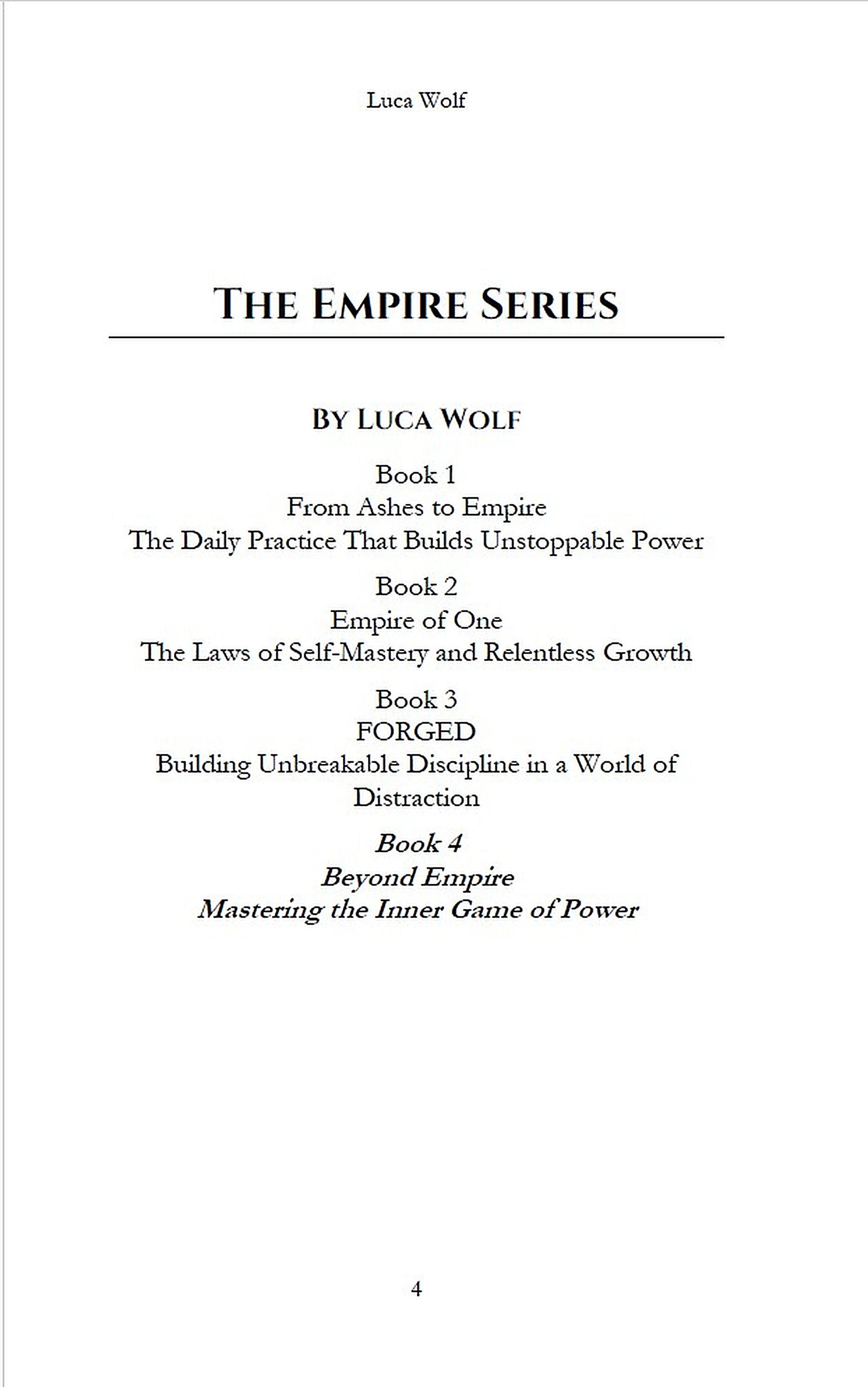 Self-improvement ebook BEYOND EMPIRE by Luca Wolf, interior page showing The Empire Series book list