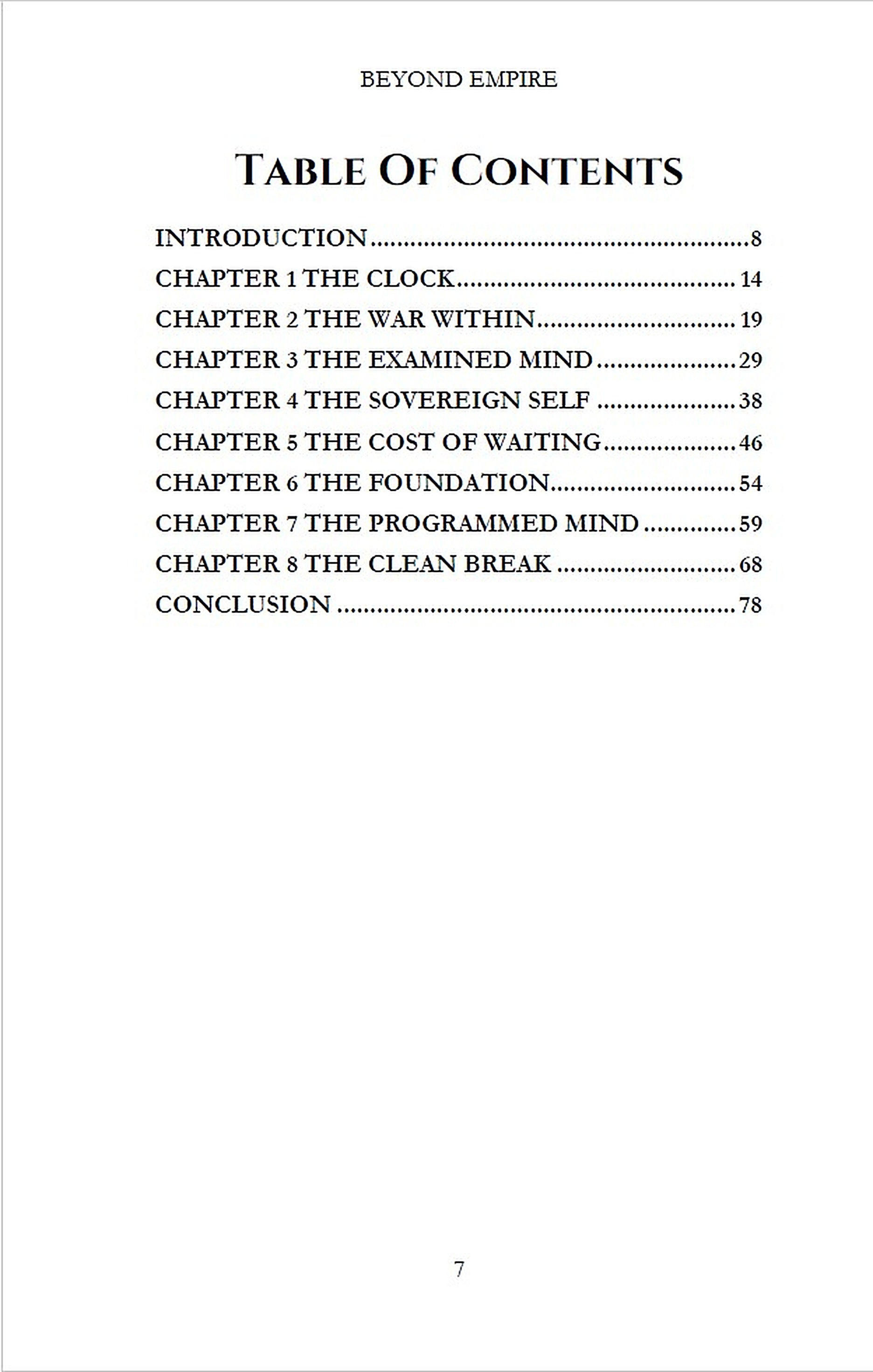 Self-improvement book BEYOND EMPIRE by Luca Wolf, interior table of contents