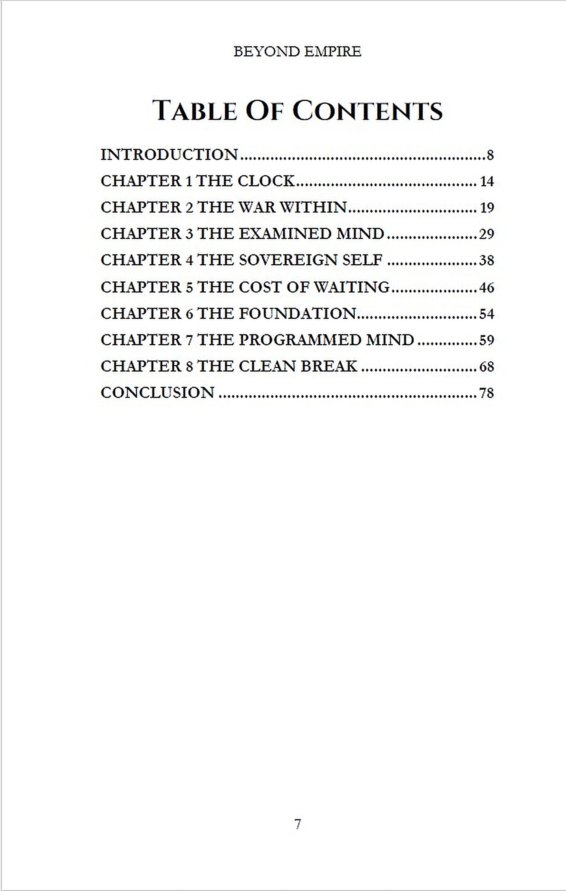 Self-improvement ebook BEYOND EMPIRE by Luca Wolf, interior table of contents