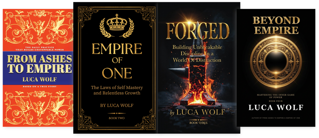 Empire Series complete four book collection by Luca Wolf, From Ashes to Empire, Empire of One, FORGED, and Beyond Empire covers on white