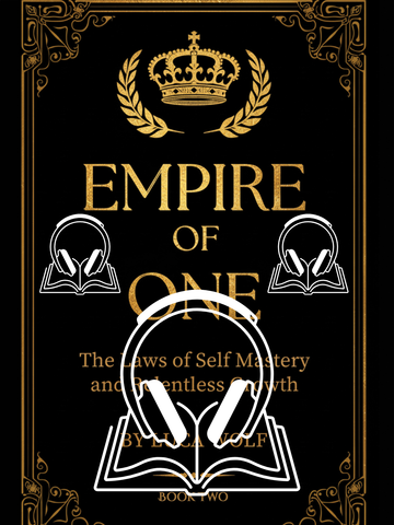 Self-Improvement Audio Book EMPIRE OF ONE cover featuring headphones and an open book on self-mastery and growth.