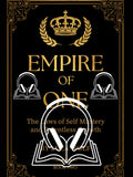 Self-improvement audiobook EMPIRE OF ONE by Luca Wolf, gold crown emblem on black cover with headphones, The Laws of Self Mastery and Relentless Growth