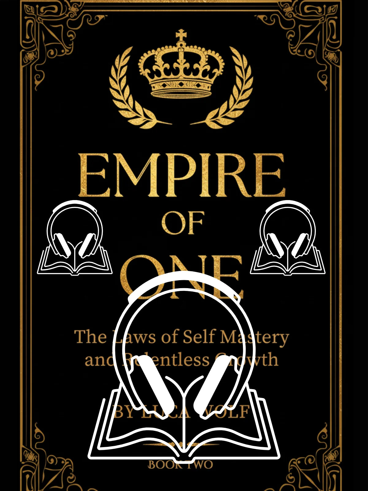 Self-improvement audiobook EMPIRE OF ONE by Luca Wolf, gold crown emblem on black cover with headphones, The Laws of Self Mastery and Relentless Growth