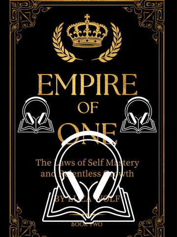 Self-improvement audiobook EMPIRE OF ONE by Luca Wolf, gold crown emblem on black cover with headphones, The Laws of Self Mastery and Relentless Growth