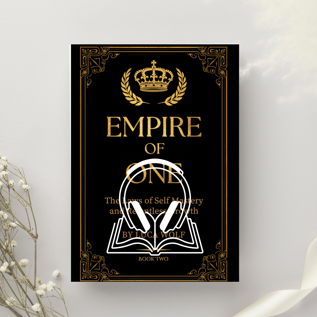 Self-Improvement Audio Book EMPIRE OF ONE cover featuring headphones and an open book on self-mastery and growth.