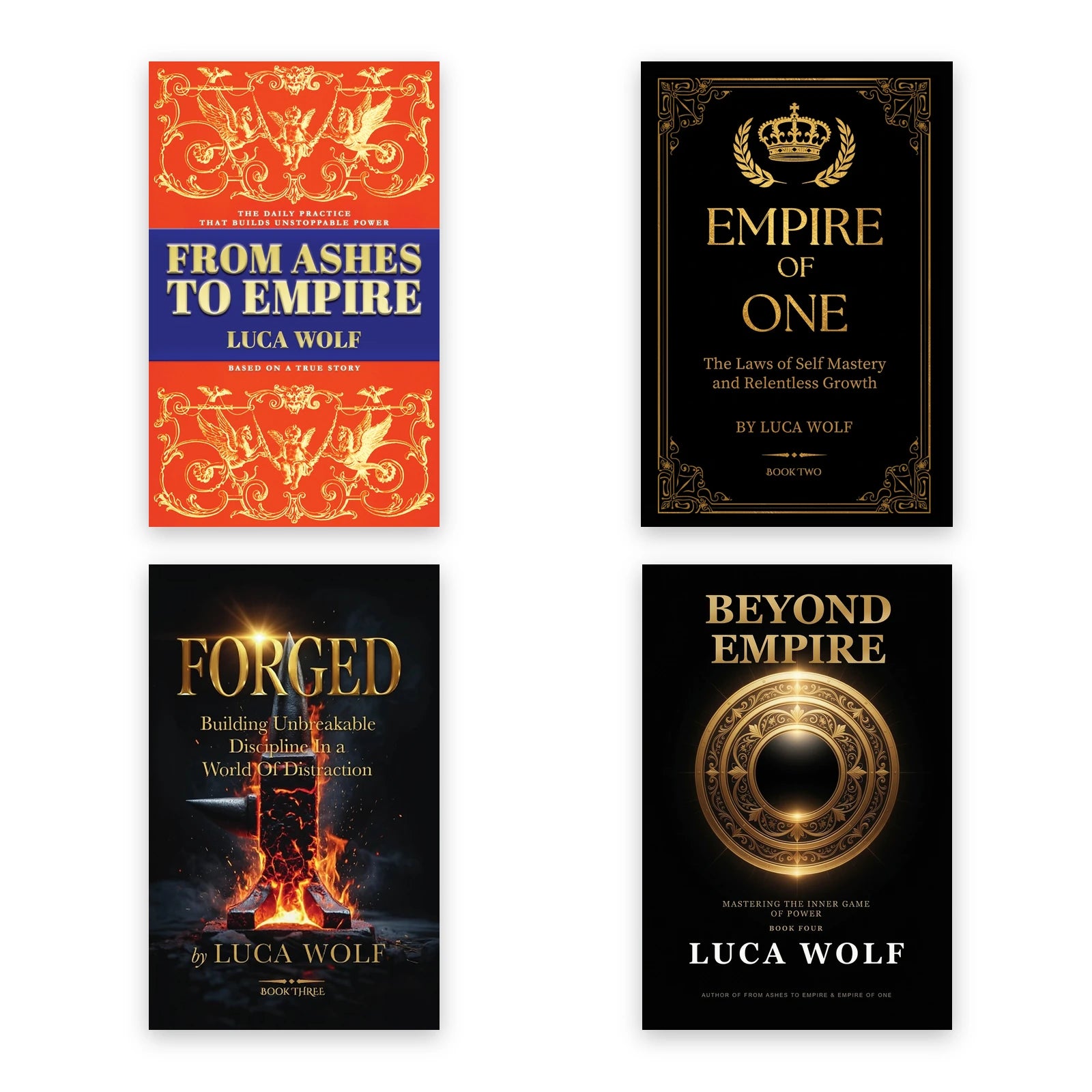 Empire Series complete four book collection by Luca Wolf, From Ashes to Empire, Empire of One, FORGED, and Beyond Empire covers on white