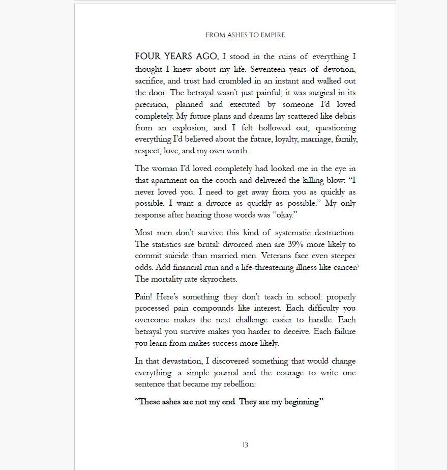 Self-improvement book From Ashes to Empire by Luca Wolf — interior page The Power of the Page on daily journaling discipline