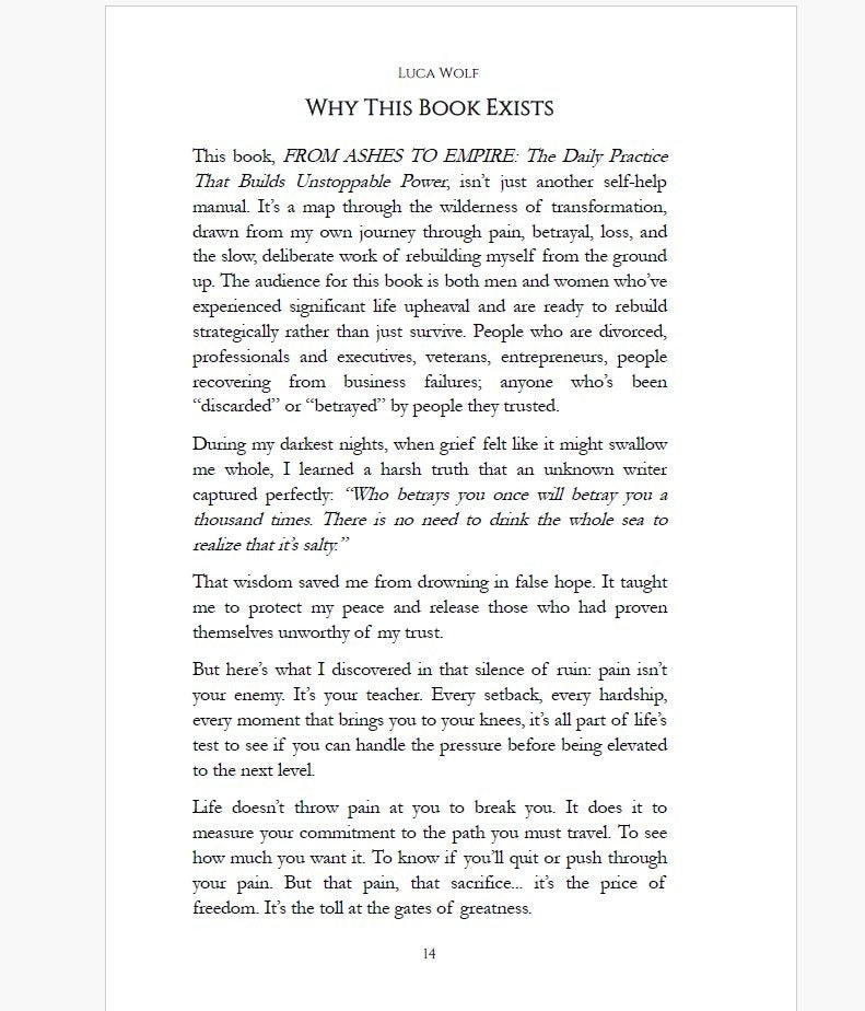 Self-improvement book From Ashes to Empire by Luca Wolf — opening pages of the author's true transformation story