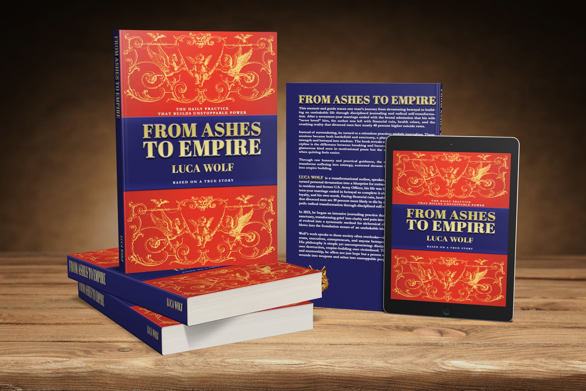 Self-improvement book From Ashes to Empire by Luca Wolf — paperback stack, back cover, and tablet edition on wooden table