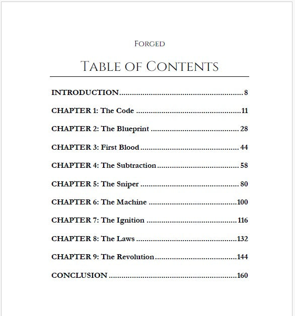 Discipline book FORGED by Luca Wolf — table of contents outlining key chapters and topics