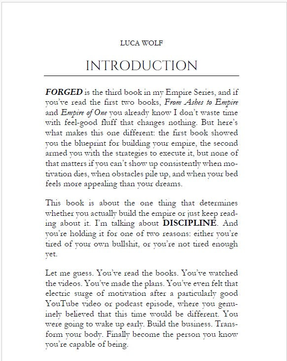 Discipline book FORGED by Luca Wolf — introduction page for building unbreakable discipline