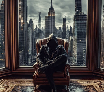 Luca Wolf, Combat Veteran and author of The Empire Series, seated in a leather chair above the city skyline