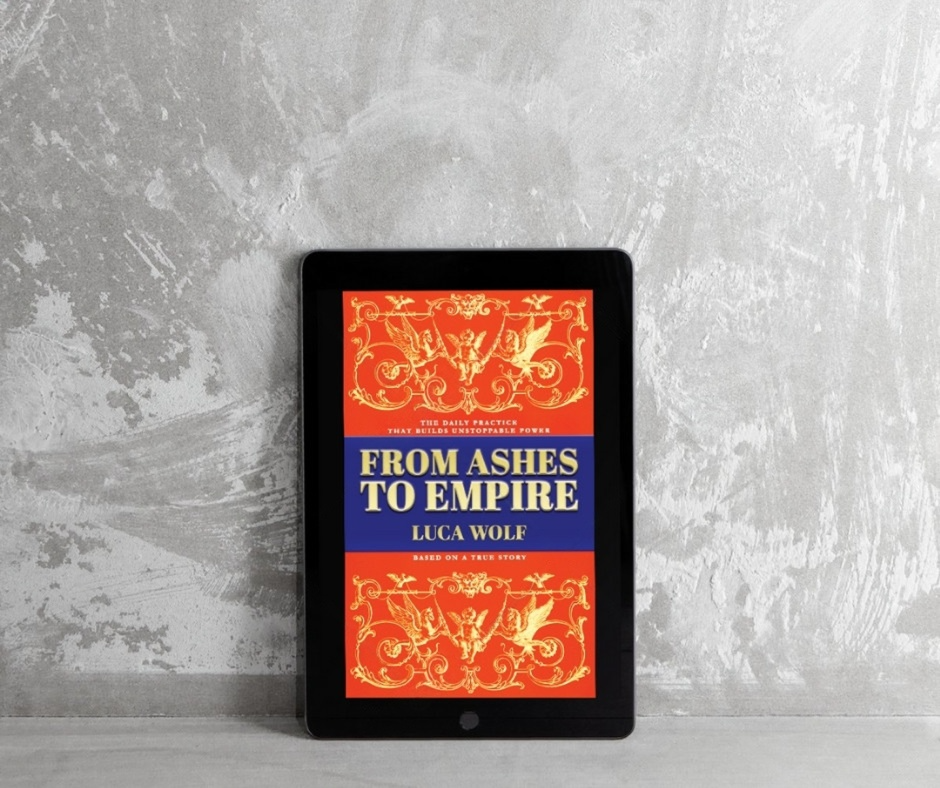Self improvement ebook cover 'From Ashes to Empire' displayed on tablet, offering daily practices for transformation.