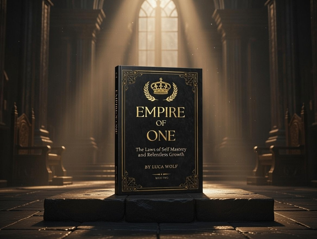 Self-Improvement E-Book EMPIRE OF ONE on a pedestal, showcasing the journey of self-mastery and growth.