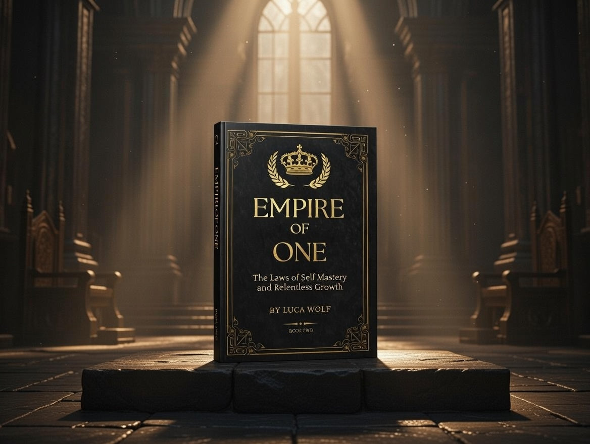 Self-Improvement E-Book EMPIRE OF ONE on a pedestal, showcasing the journey of self-mastery and growth.