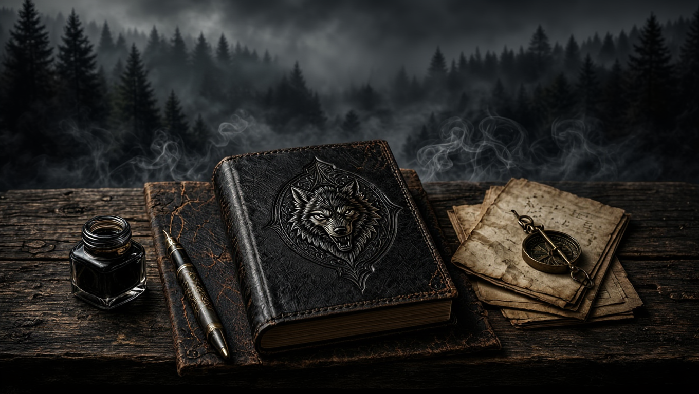Wilson Wolf Journals hero image — dark atmospheric wolf journal with compass, pen and aged paper on a rustic wooden table with misty forest background. Books built for men who are done settling.1621243260e1af0c20-2