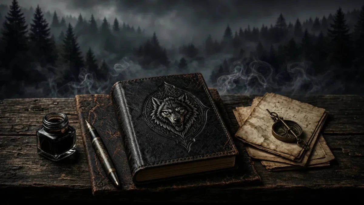 Leather bound book with a wolf emblem, inkwell, and compass on a wooden table with a forest background. The Empire Series self improvement books by Luca Wolf, Wilson Wolf Journals.