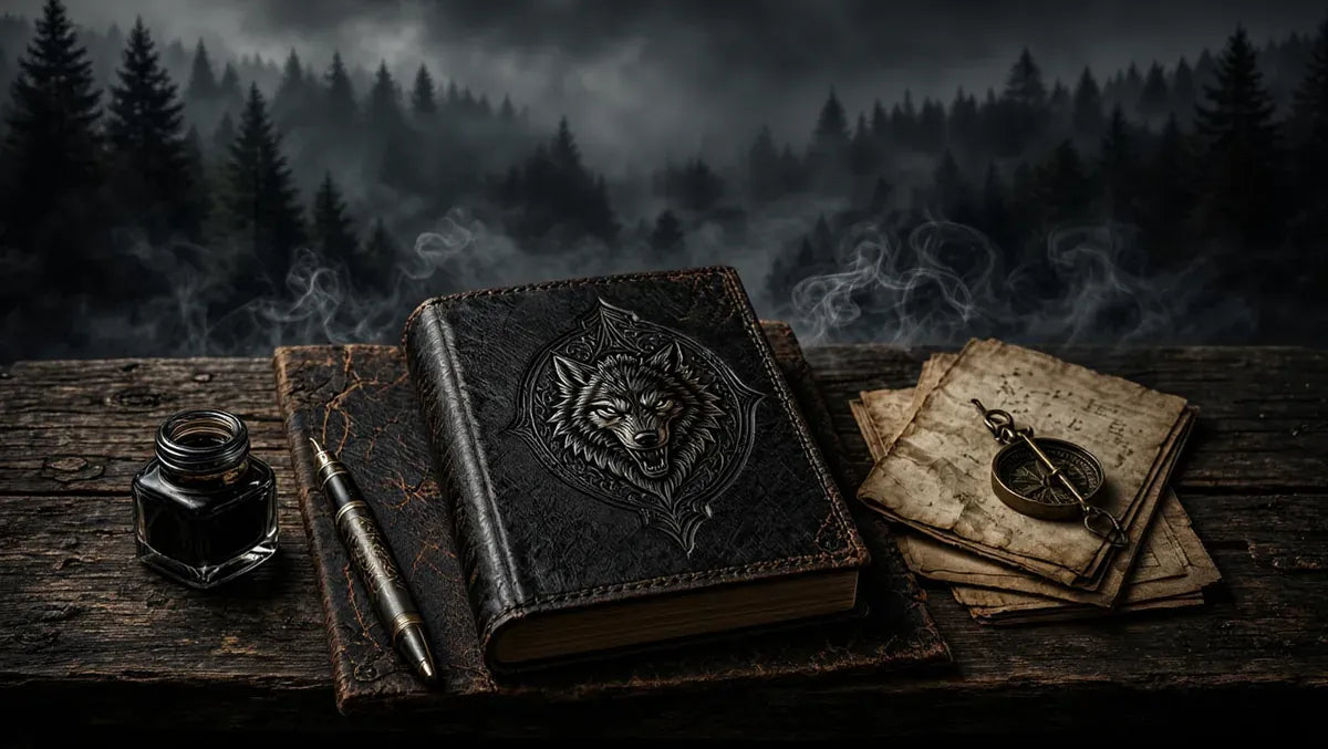 Dark-themed book with wolf emblem, inkwell, and compass on a wooden surface with a forest background.1621243260e1af0c20-2